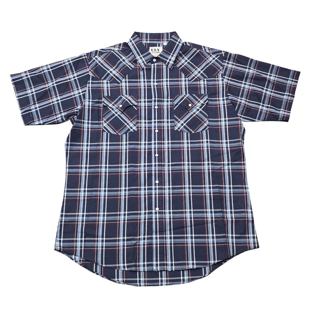 Ely Cattleman Blue Plaid Western Snap Button Short Sleeve Shirt